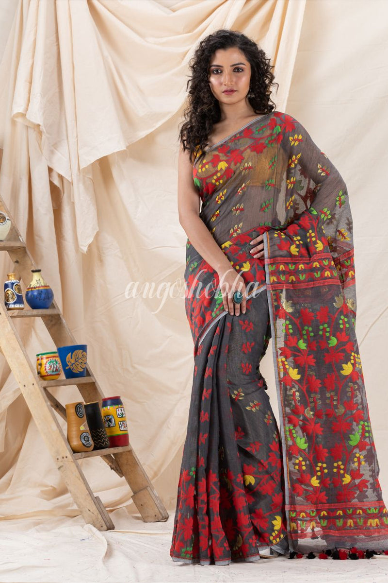 Traditional Deep Grey Soft Dhakai Creeper Jamdani Saree