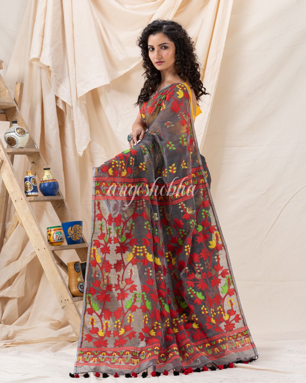 Traditional Deep Grey Soft Dhakai Creeper Jamdani Saree angoshobha