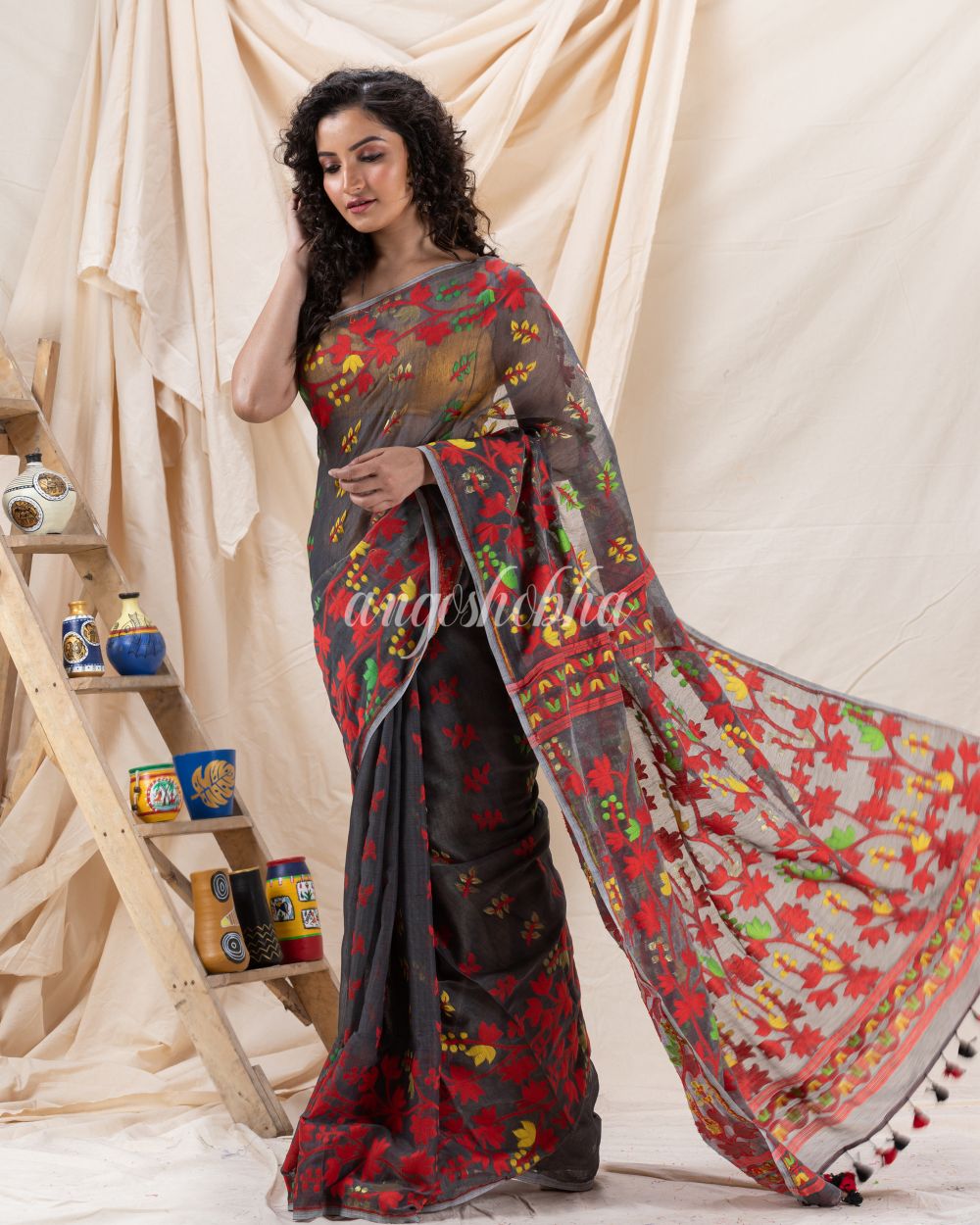 Traditional Deep Grey Soft Dhakai Creeper Jamdani Saree angoshobha