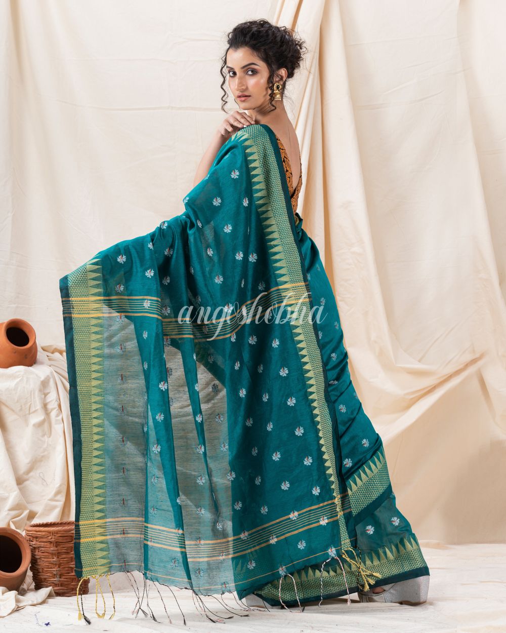 Traditional Deep Teal Cotton Blend Handloom Saree angoshobha