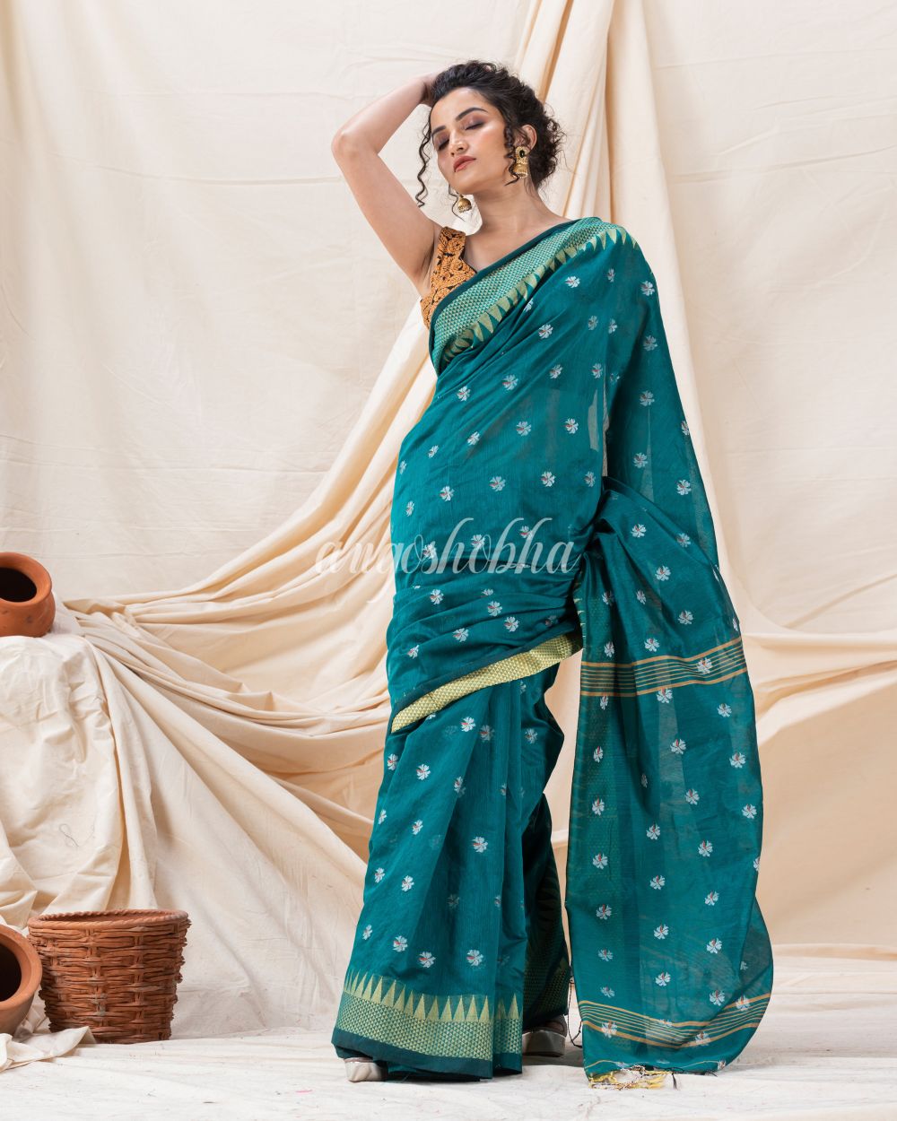 Traditional Deep Teal Cotton Blend Handloom Saree angoshobha