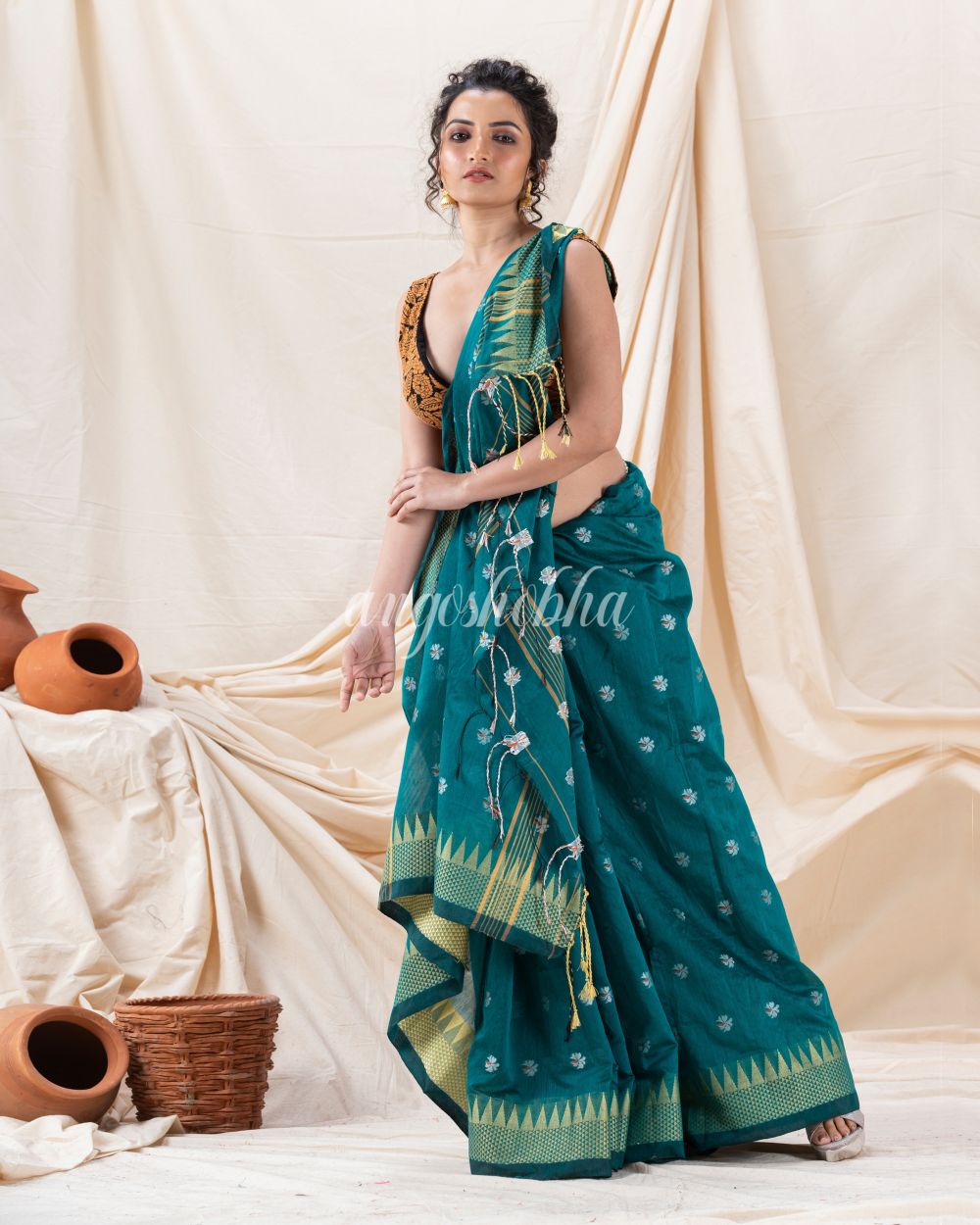 Traditional Deep Teal Cotton Blend Handloom Saree angoshobha