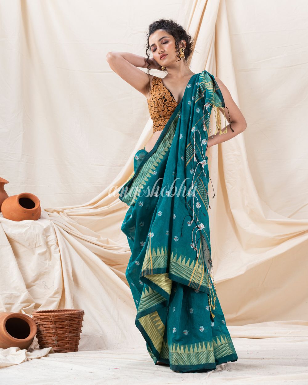 Traditional Deep Teal Cotton Blend Handloom Saree angoshobha