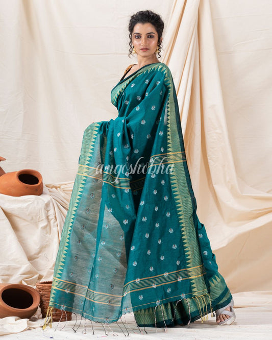 Traditional Deep Teal Cotton Blend Handloom Saree angoshobha