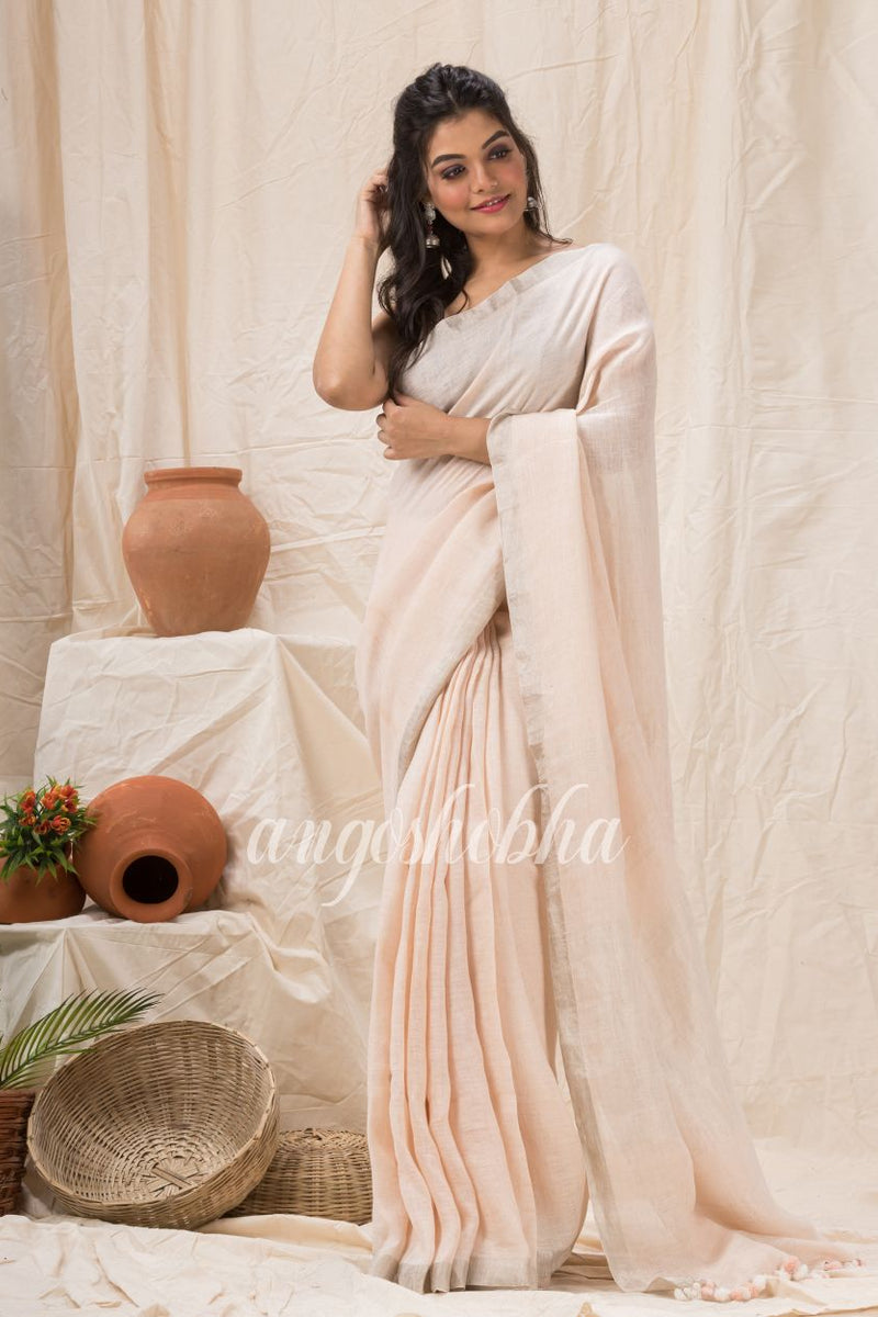 Traditional Faded Pink Handwoven Linen Saree