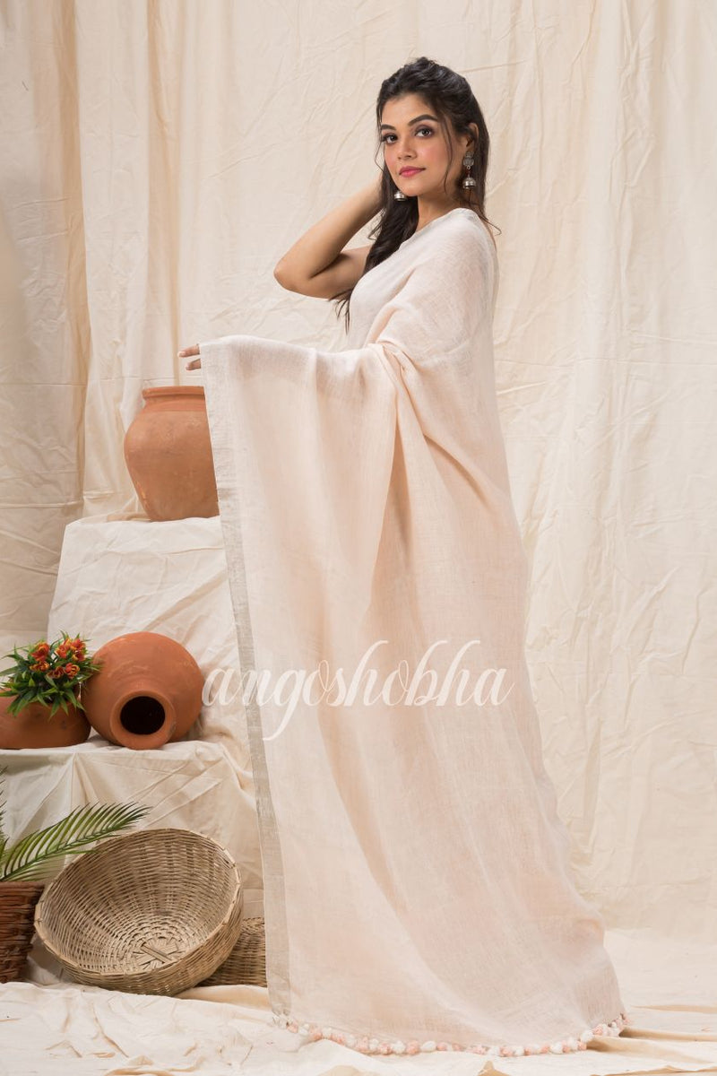 Traditional Faded Pink Handwoven Linen Saree