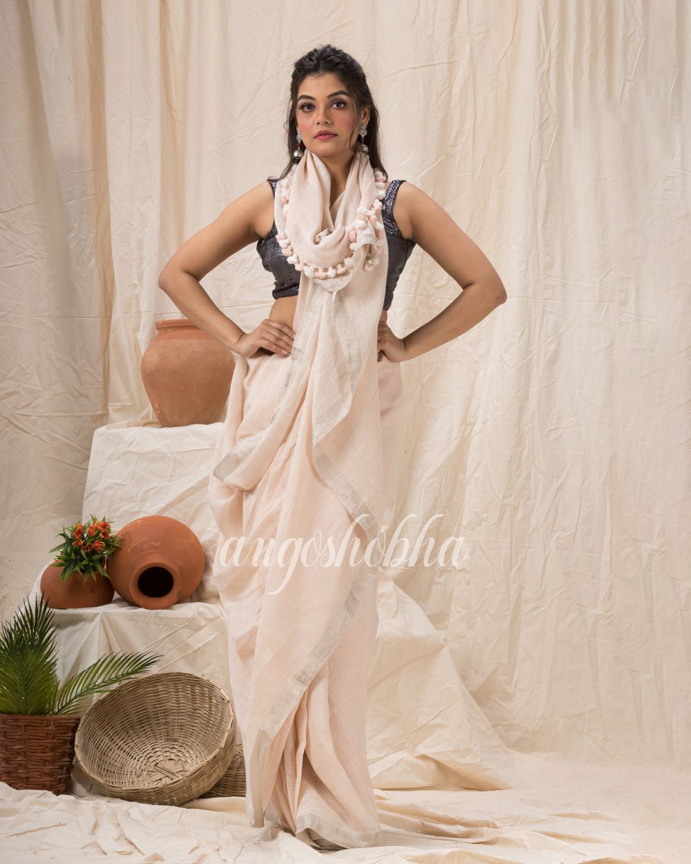 Traditional Faded Pink Handwoven Linen Saree angoshobha