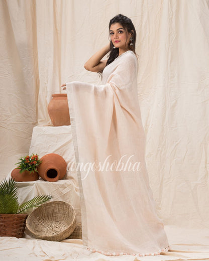 Traditional Faded Pink Handwoven Linen Saree angoshobha