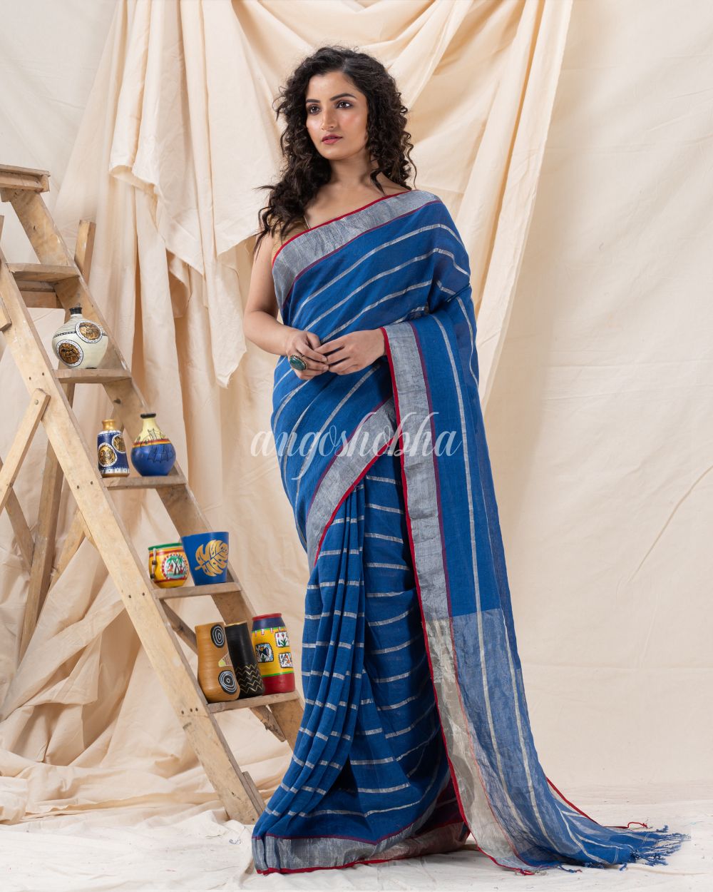 Traditional French Blue Handloom Linen Saree angoshobha