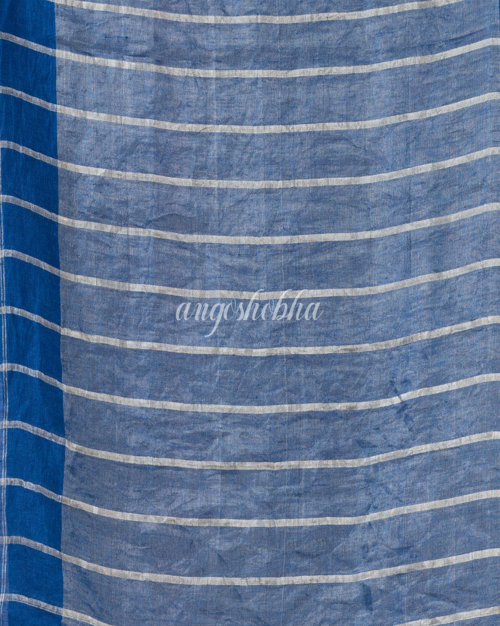 Traditional French Blue Handloom Linen Saree angoshobha