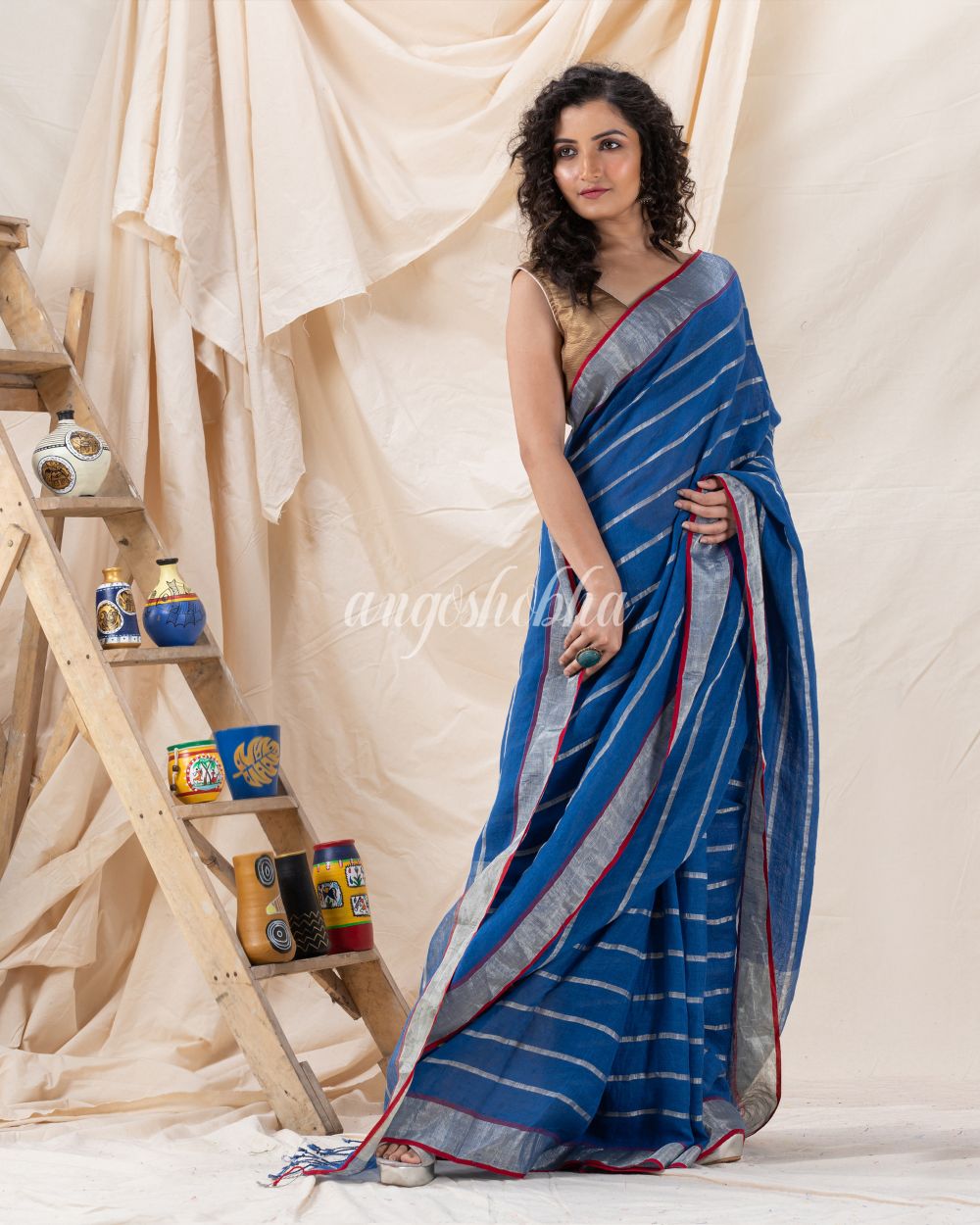Traditional French Blue Handloom Linen Saree angoshobha
