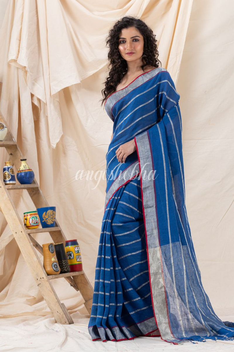 Traditional French Blue Handloom Linen Saree