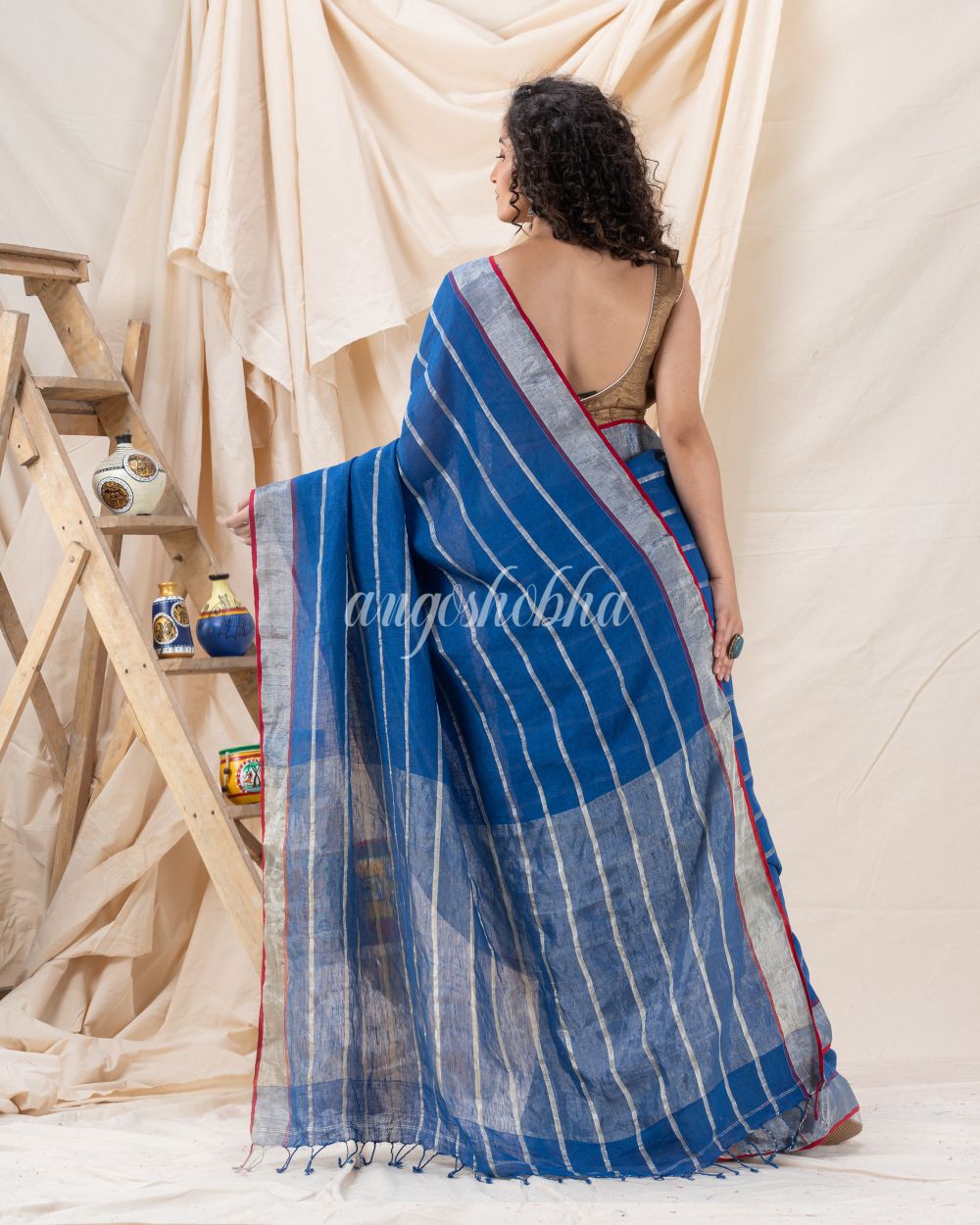 Traditional French Blue Handloom Linen Saree angoshobha