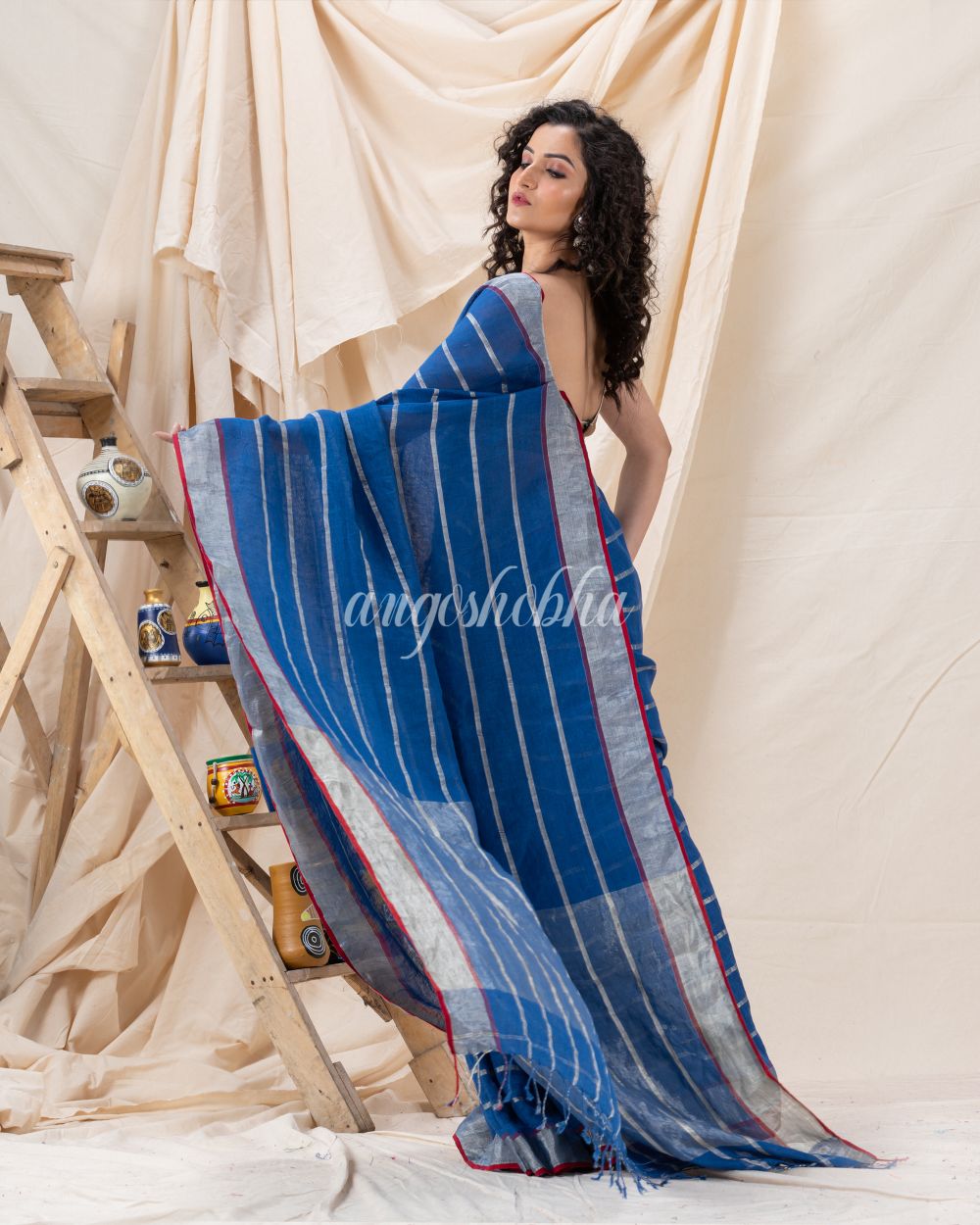 Traditional French Blue Handloom Linen Saree angoshobha