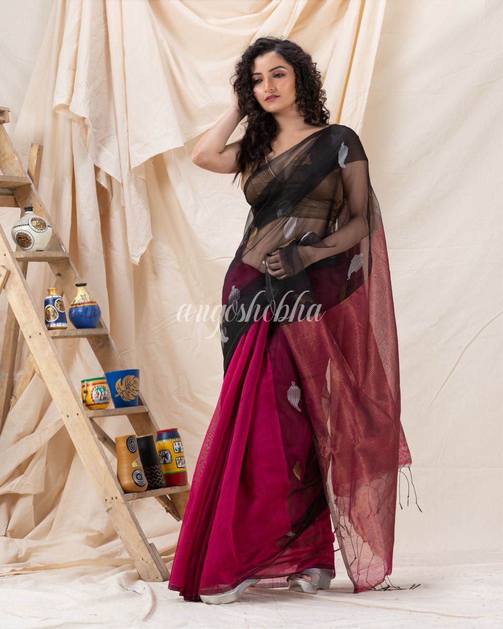 Traditional Fuchsia Pink BlackCotton Silk Fancy Jamdani Saree angoshobha