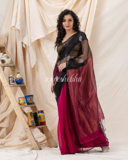 Traditional Fuchsia Pink BlackCotton Silk Fancy Jamdani Saree angoshobha