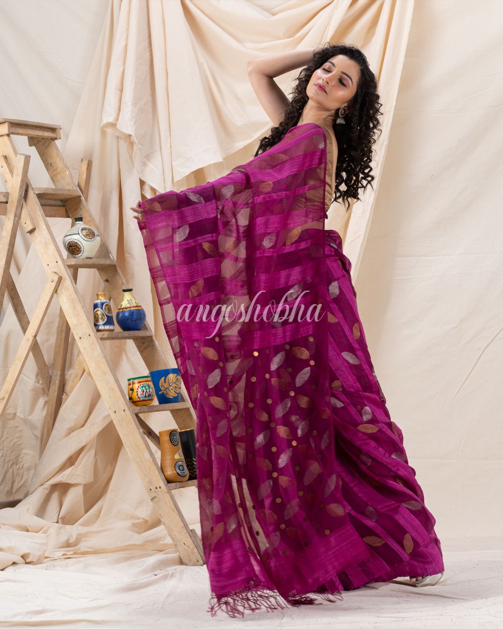 Traditional Fuchsia Soft Matka Silk Jamdani Saree angoshobha