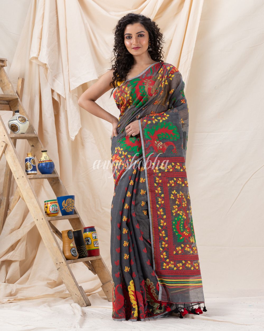 Traditional Gray Soft Dhakai Jamdani Saree angoshobha