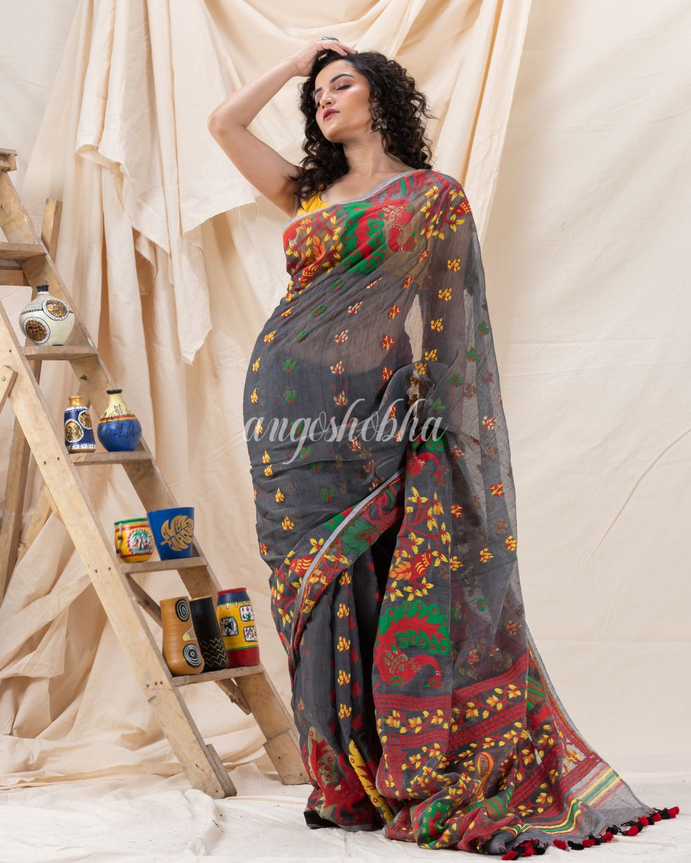 Traditional Gray Soft Dhakai Jamdani Saree angoshobha