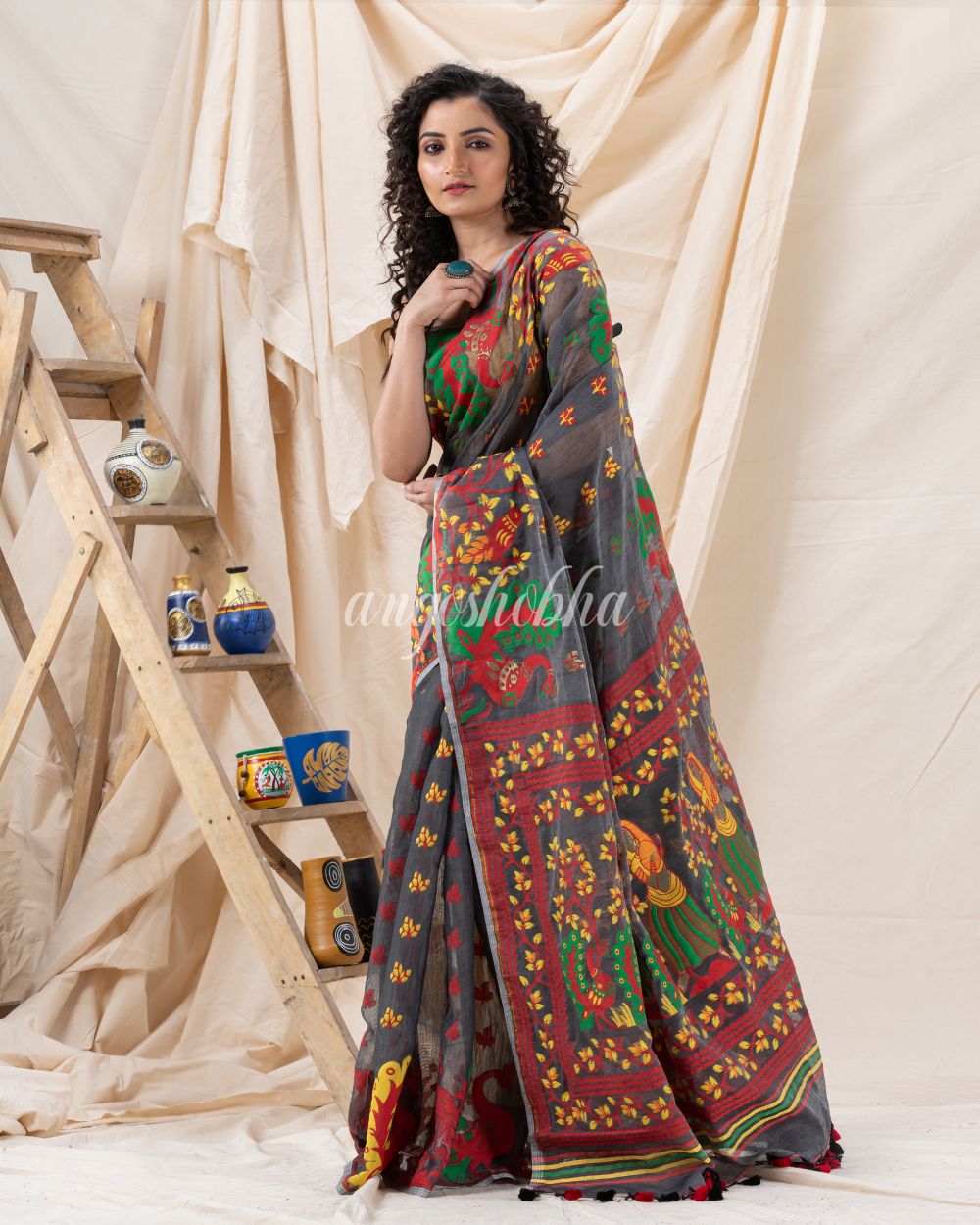 Traditional Gray Soft Dhakai Jamdani Saree angoshobha