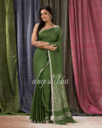 Traditional Green Handloom Linen Saree angoshobha