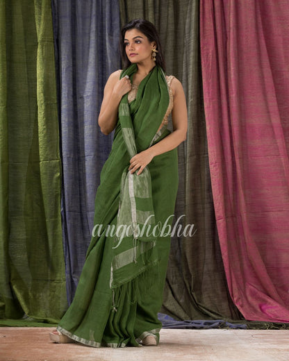 Traditional Green Handloom Linen Saree angoshobha