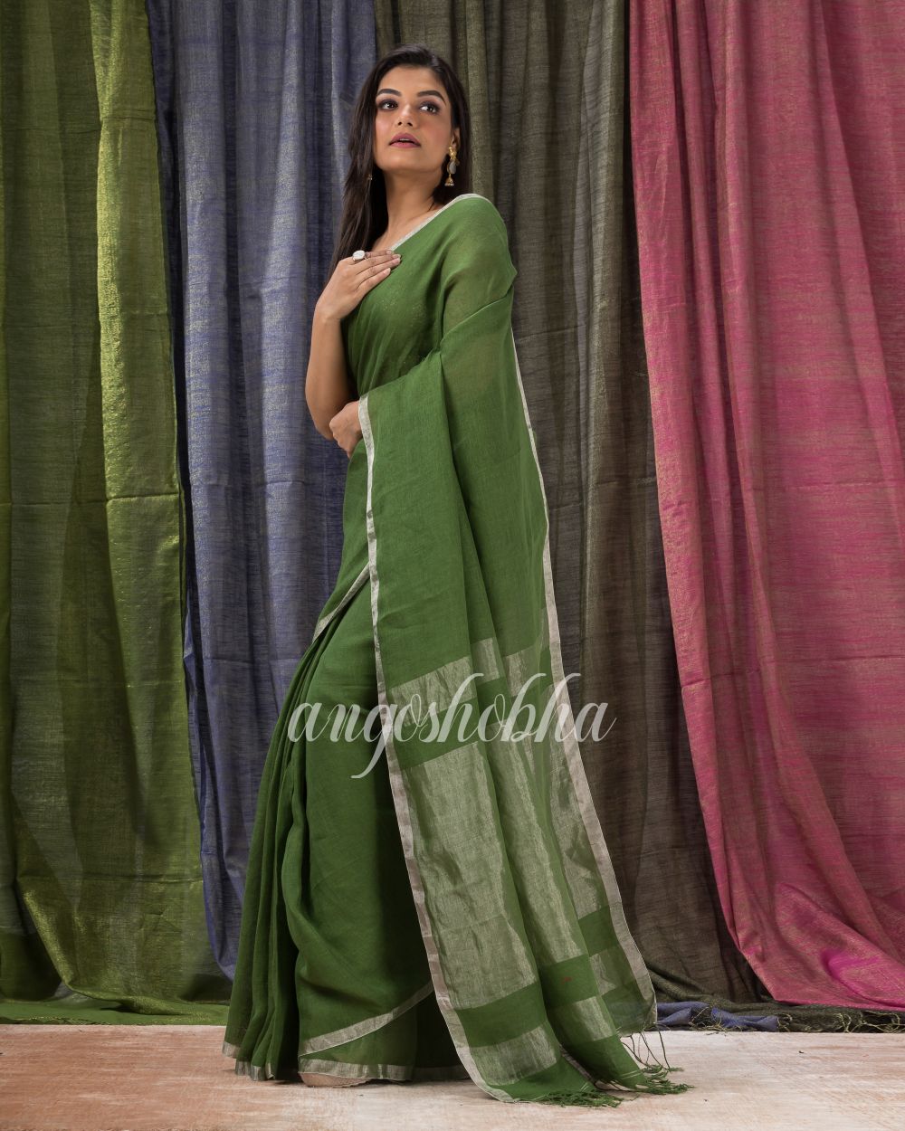 Traditional Green Handloom Linen Saree angoshobha