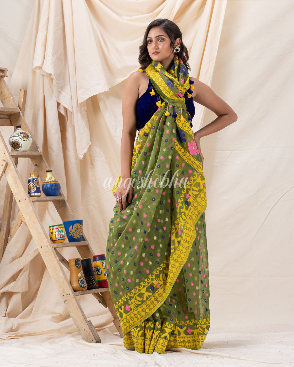 Traditional Green Yellow  Soft Dhakai Jamdani Saree angoshobha
