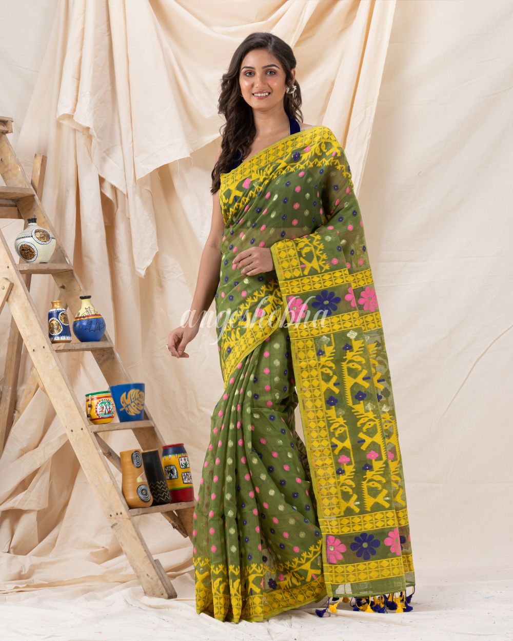 Traditional Green Yellow  Soft Dhakai Jamdani Saree angoshobha