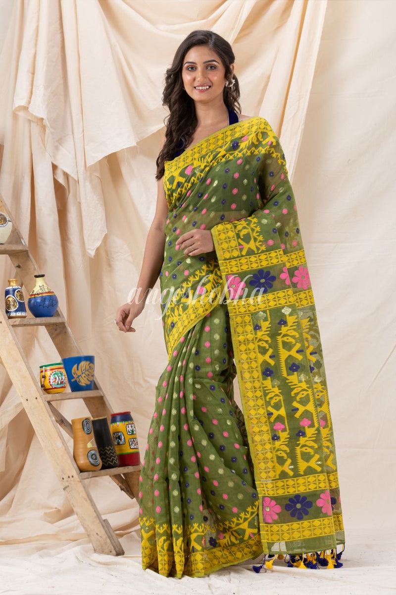 Traditional Green Yellow  Soft Dhakai Jamdani Saree