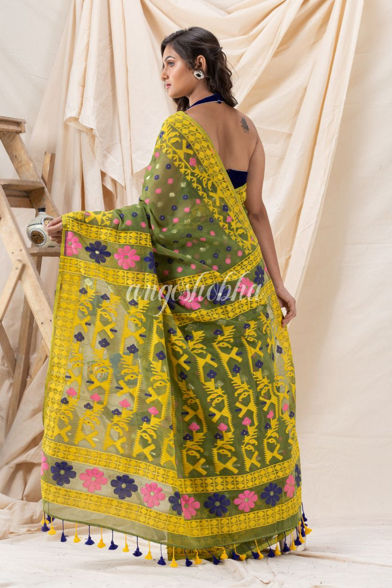 Traditional Green Yellow  Soft Dhakai Jamdani Saree