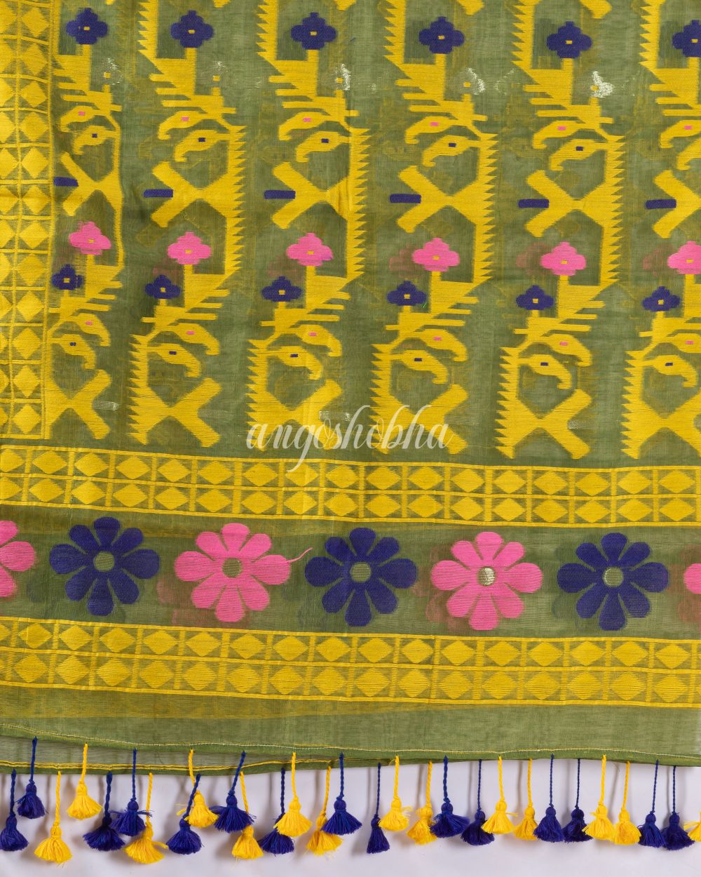 Traditional Green Yellow  Soft Dhakai Jamdani Saree angoshobha