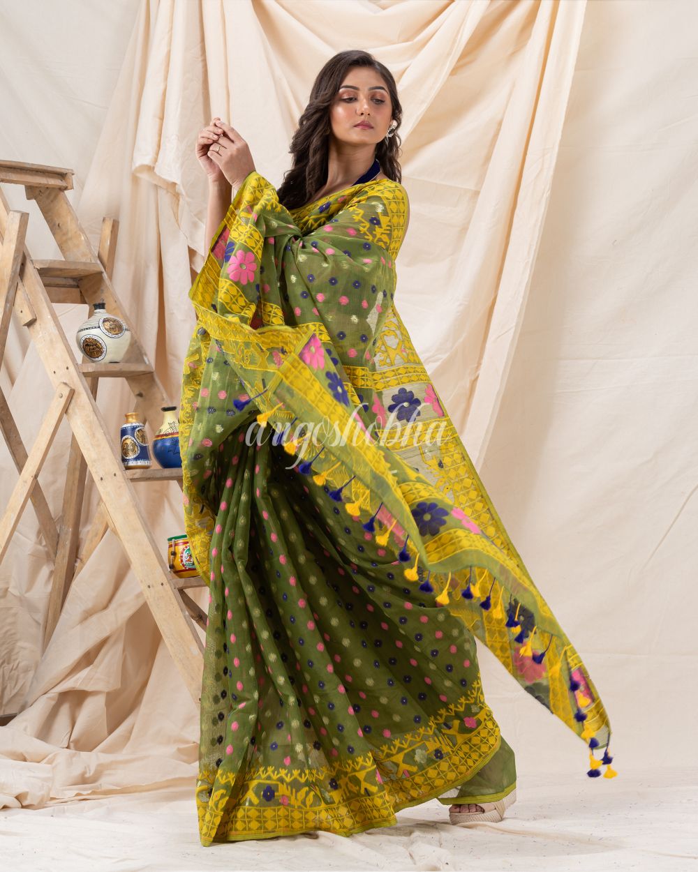 Traditional Green Yellow  Soft Dhakai Jamdani Saree angoshobha