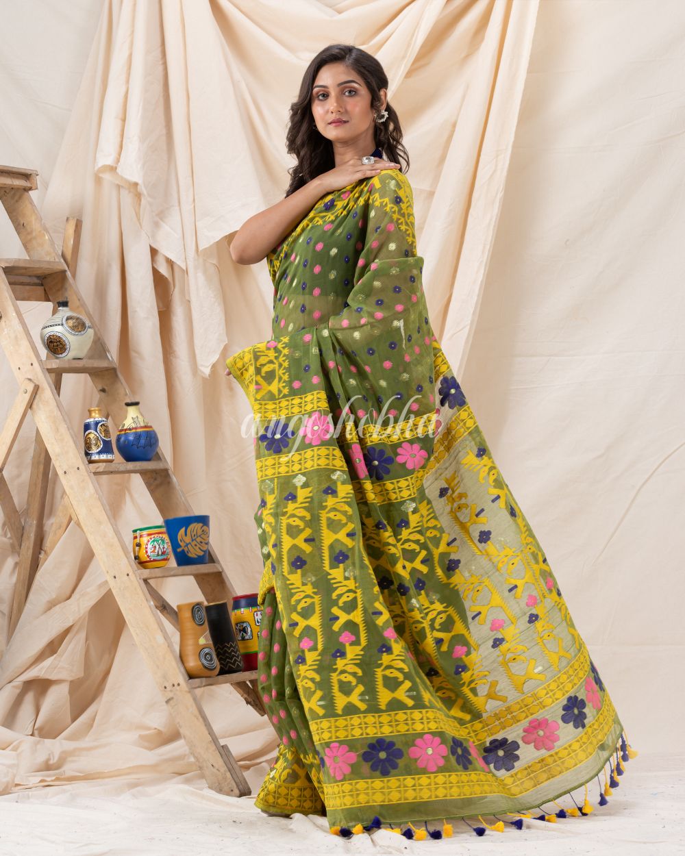 Traditional Green Yellow  Soft Dhakai Jamdani Saree angoshobha