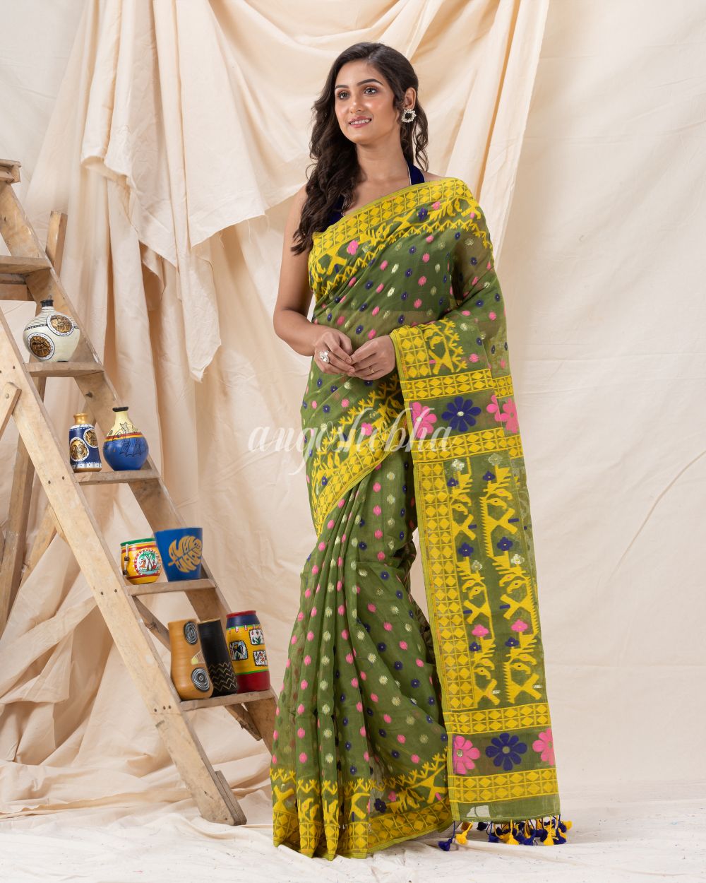 Traditional Green Yellow  Soft Dhakai Jamdani Saree angoshobha