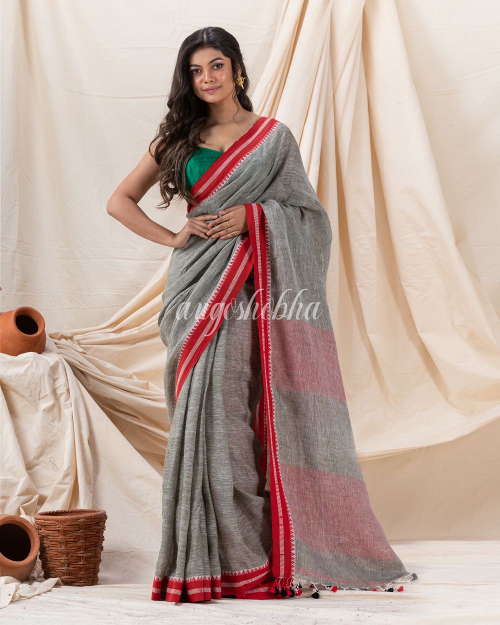 Traditional Grey Linen Tangail Saree angoshobha