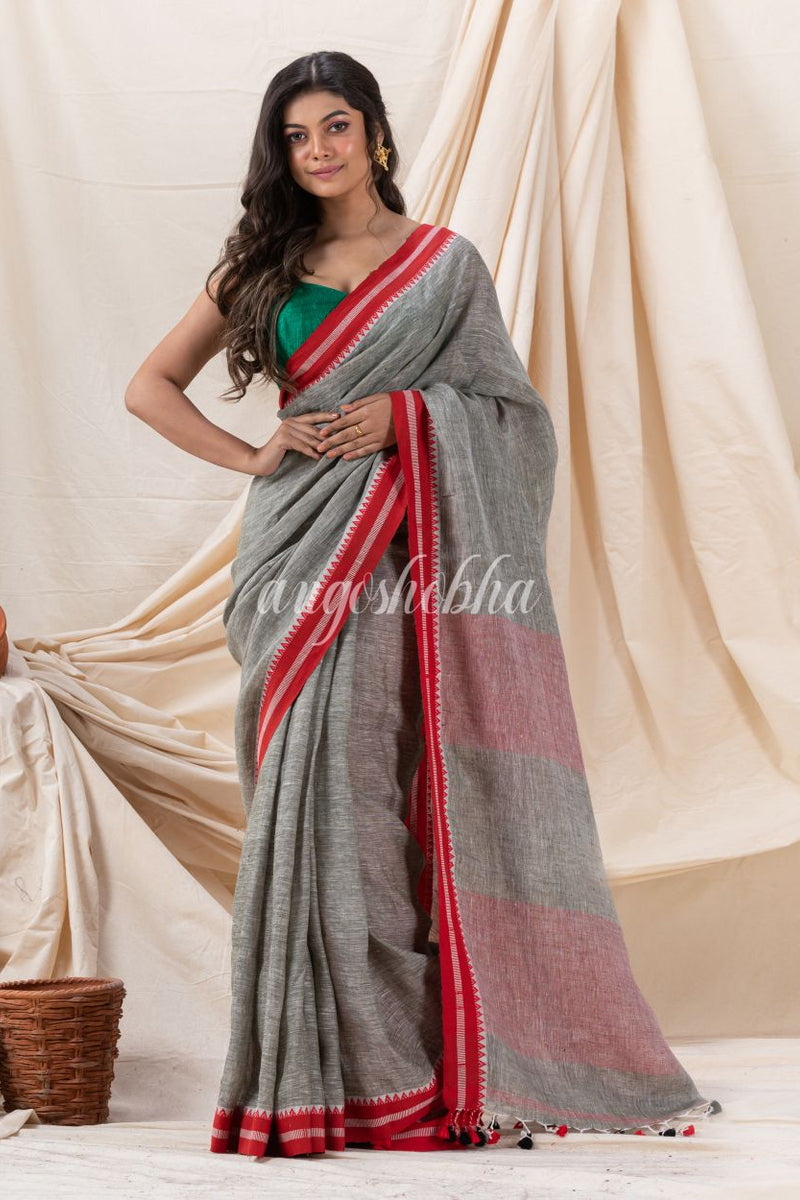 Traditional Grey Linen Tangail Saree