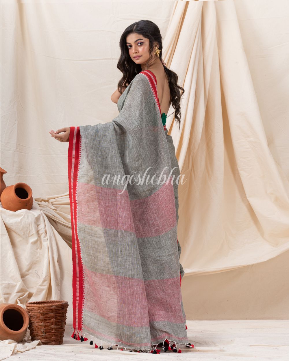 Traditional Grey Linen Tangail Saree angoshobha