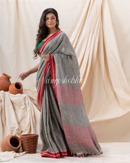 Traditional Grey Linen Tangail Saree angoshobha