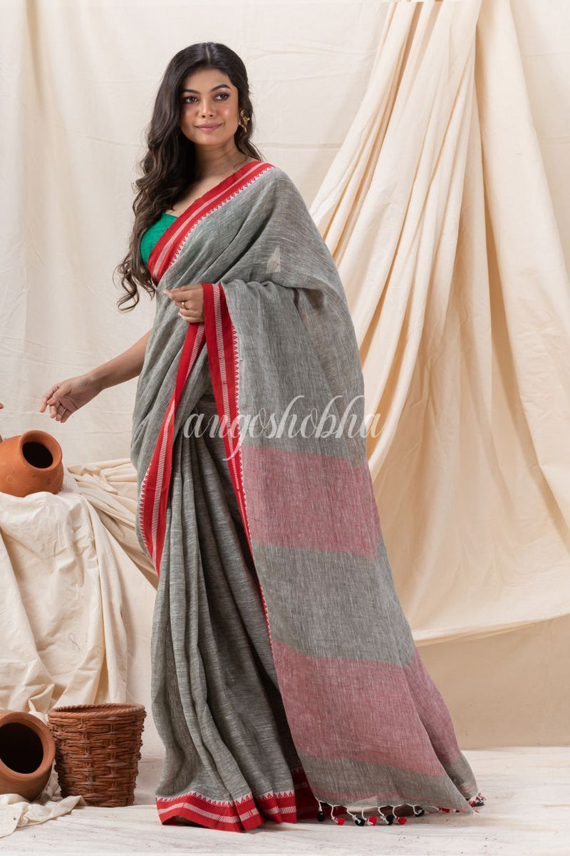 Traditional Grey Linen Tangail Saree