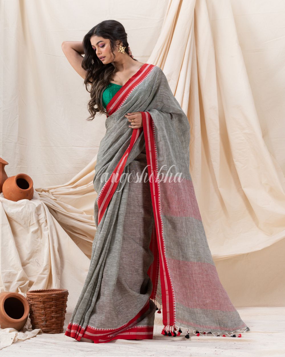 Traditional Grey Linen Tangail Saree angoshobha