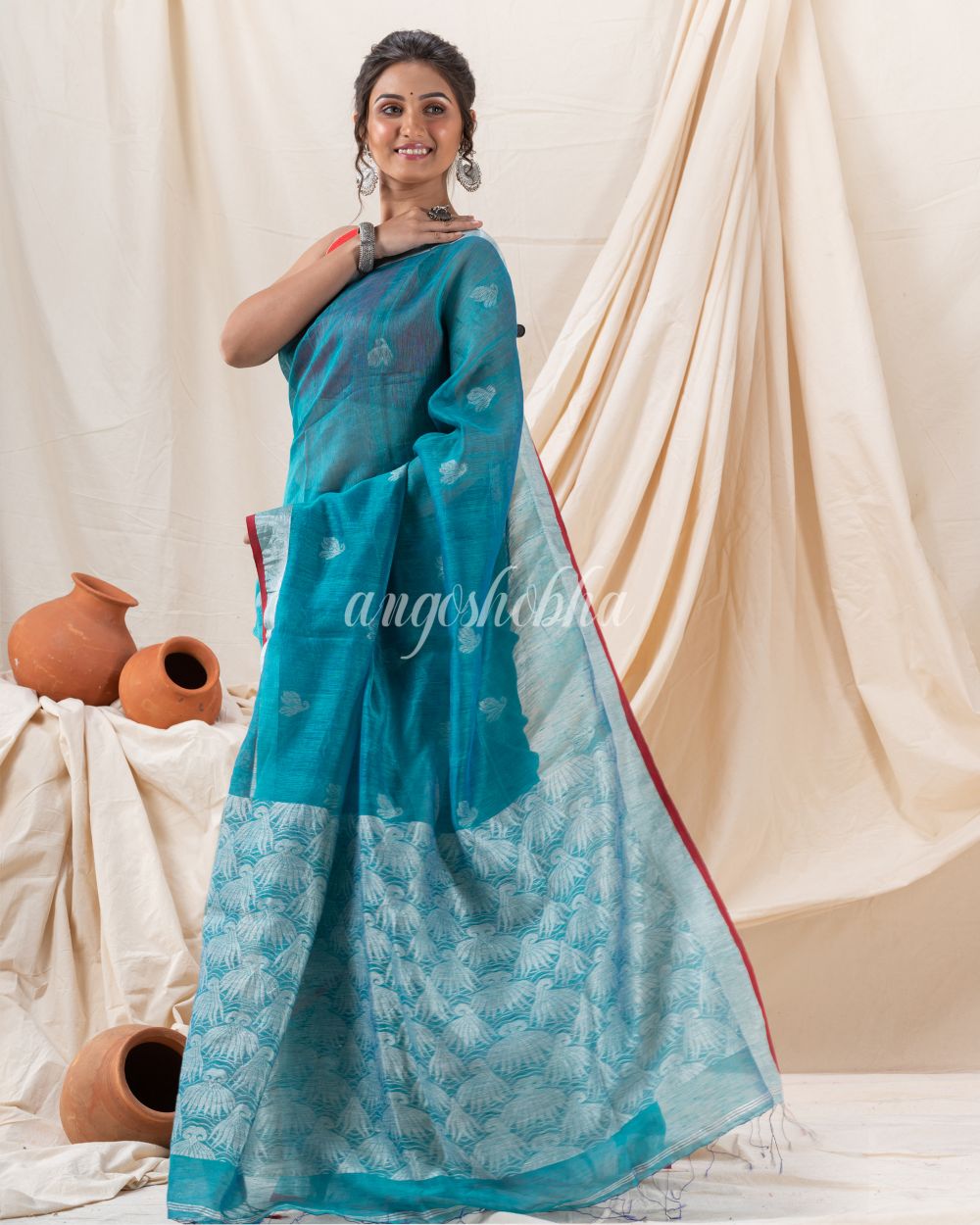 Traditional Handloom Deep Aqua Silk Linen Saree angoshobha