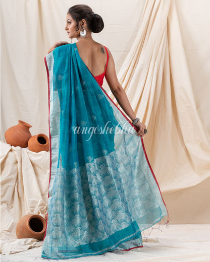 Traditional Handloom Deep Aqua Silk Linen Saree angoshobha