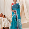Traditional Handloom Deep Aqua Silk Linen Saree angoshobha