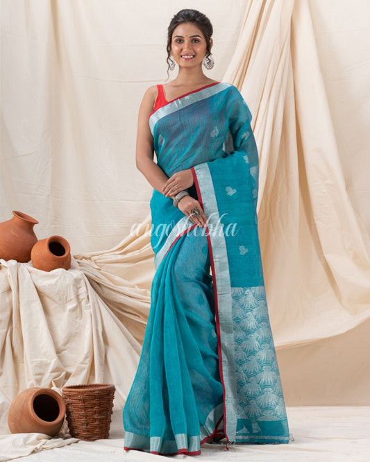 Traditional Handloom Deep Aqua Silk Linen Saree angoshobha