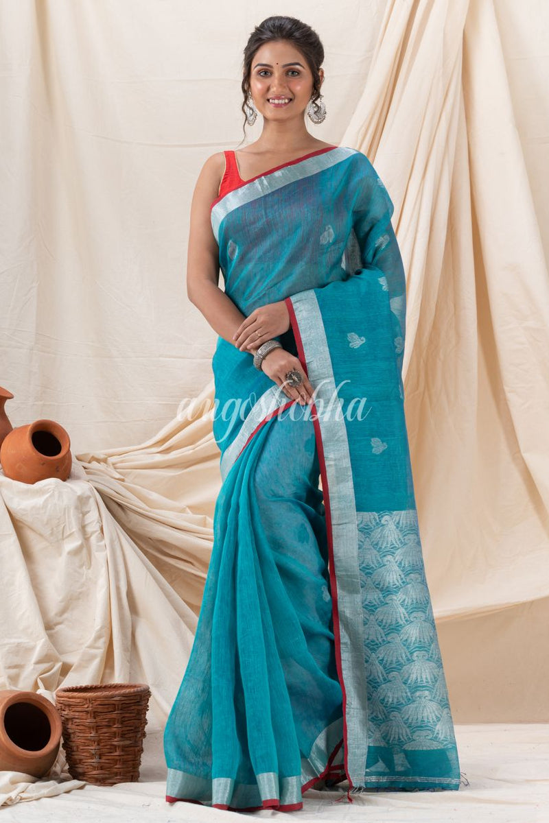 Traditional Handloom Deep Aqua Silk Linen Saree