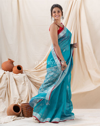 Traditional Handloom Deep Aqua Silk Linen Saree angoshobha