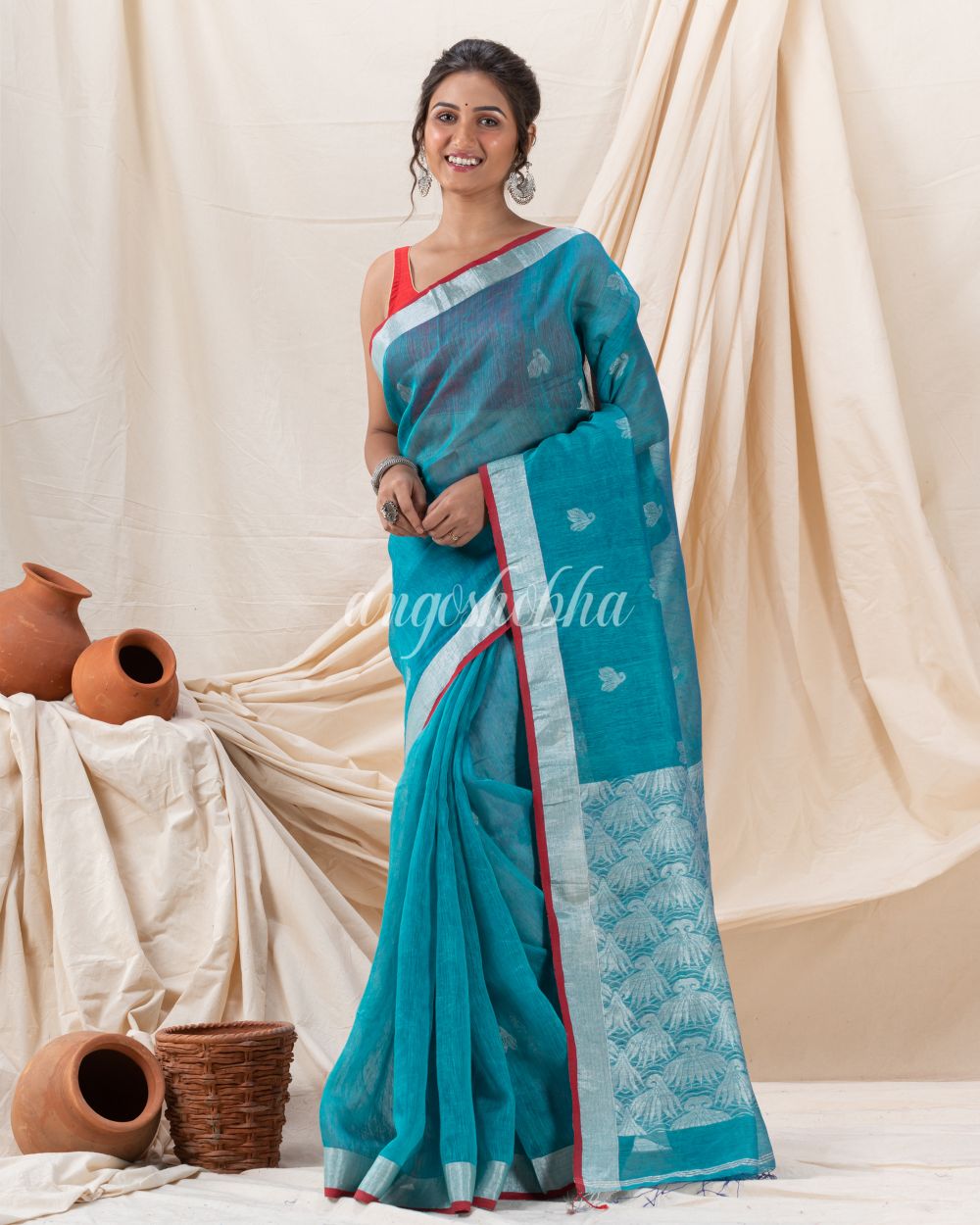 Traditional Handloom Deep Aqua Silk Linen Saree angoshobha