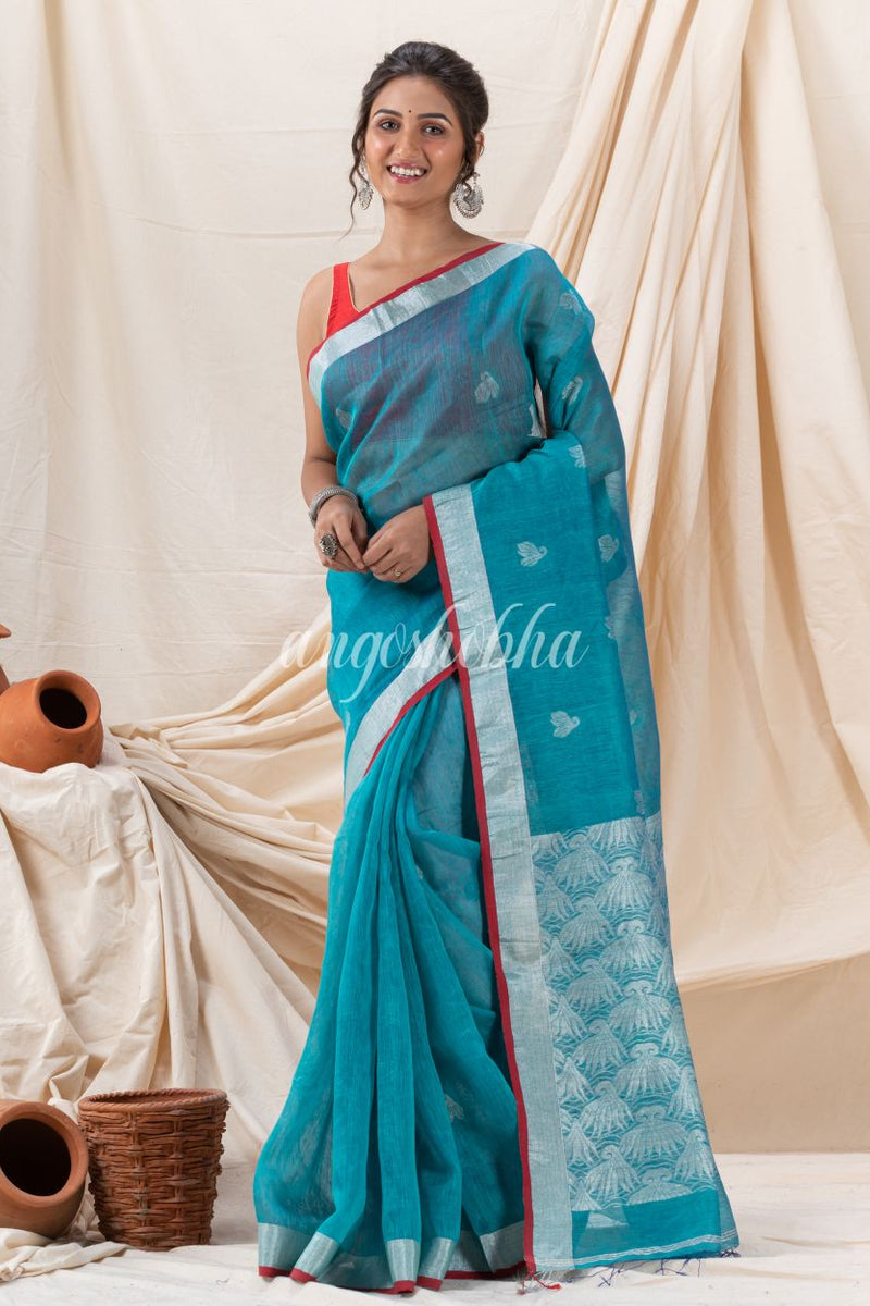 Traditional Handloom Deep Aqua Silk Linen Saree