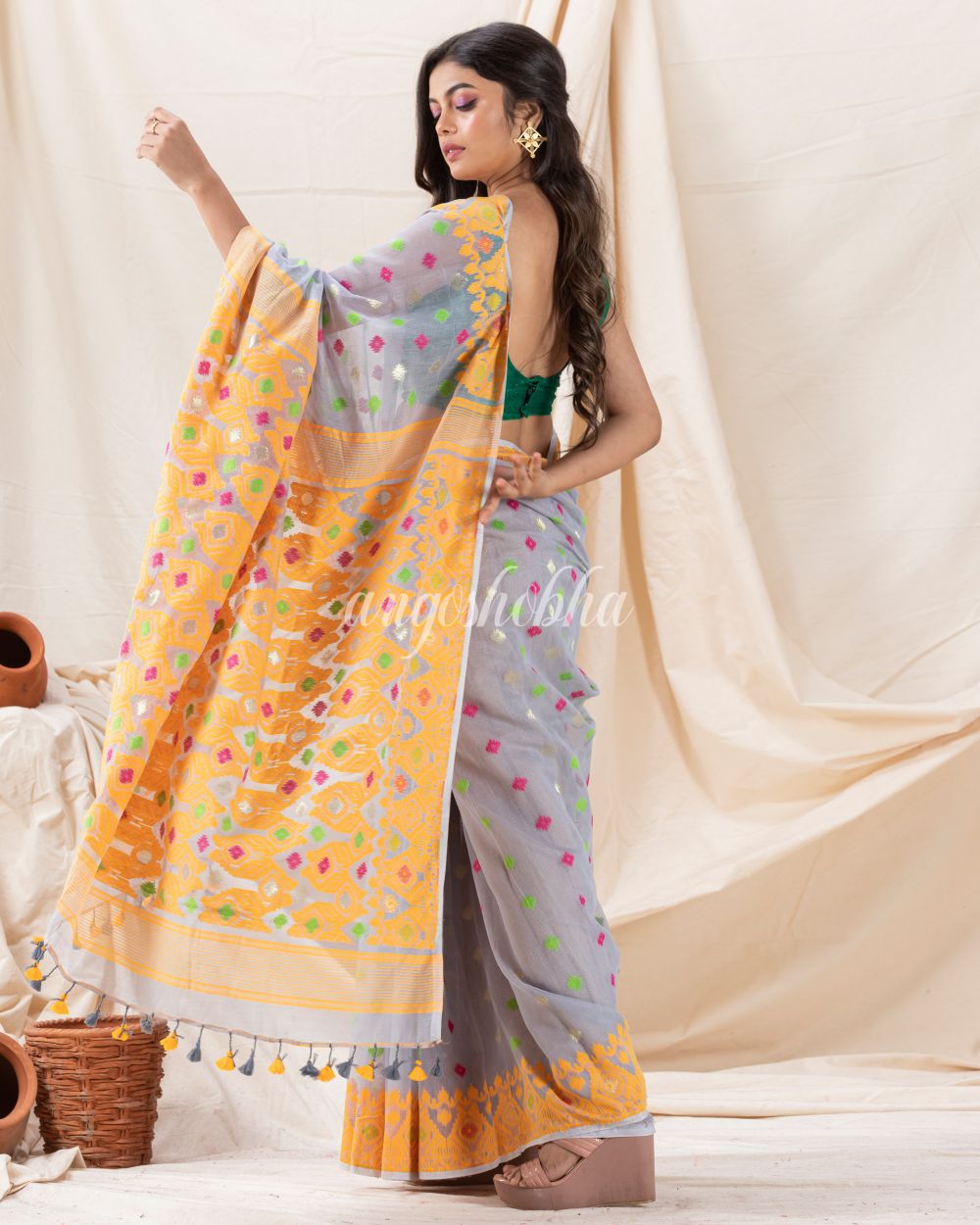 Traditional Light Columbia Blue Soft Dhakai Jamdani Saree angoshobha